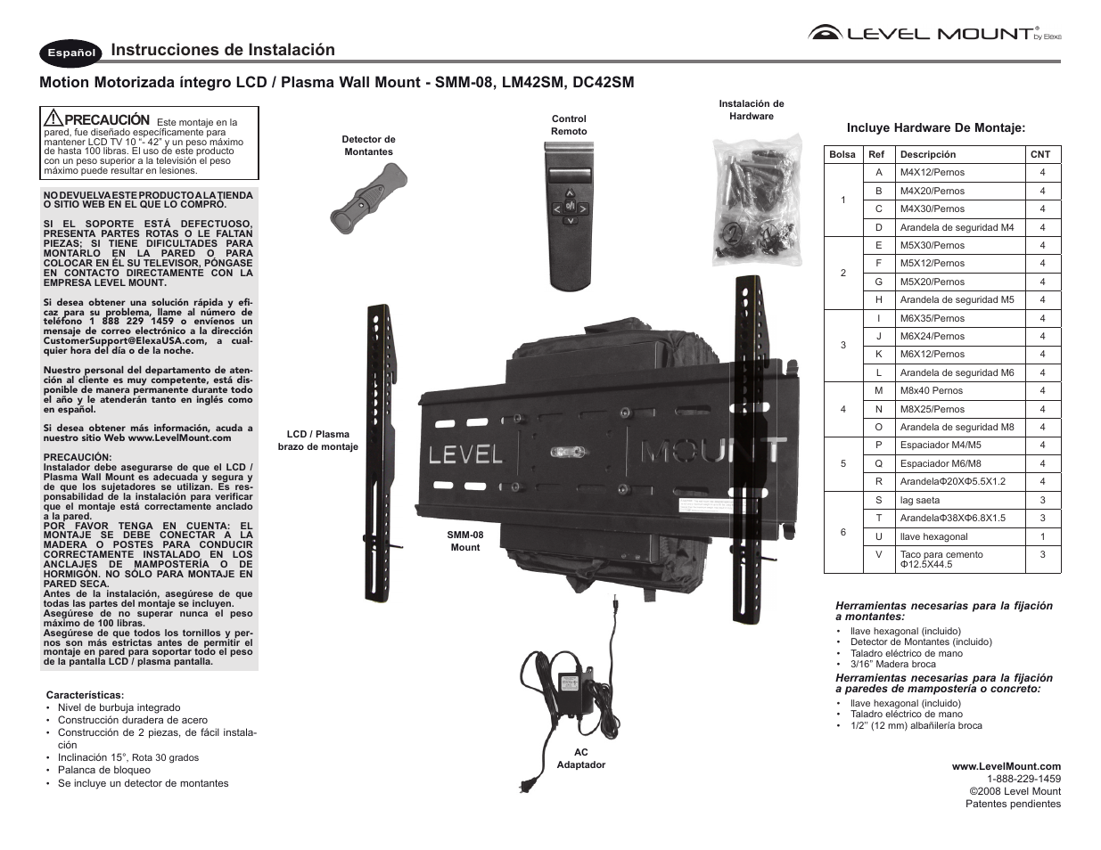 Instrucciones de instalación, Precaución | Level Mount DC42SM User Manual | Page 4 / 9