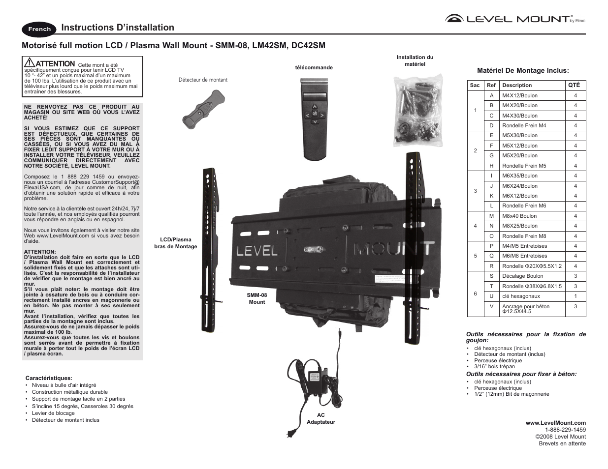 Instructions d’installation, Attention | Level Mount DC42SM User Manual | Page 7 / 9