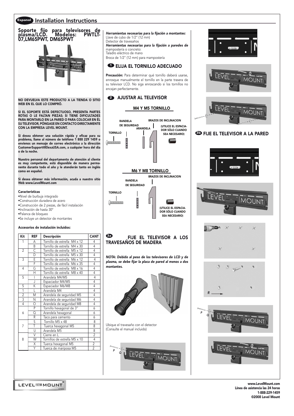 Installation instructions, Elija el tornillo adecuado, Fije el televisor a la pared | Level Mount DC65PWT User Manual | Page 3 / 6