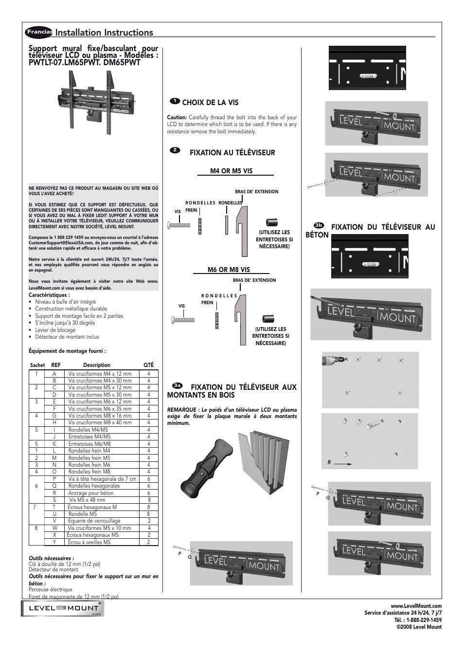 Installation instructions, Choix de la vis, Fixation du téléviseur au béton | Level Mount DC65PWT User Manual | Page 5 / 6