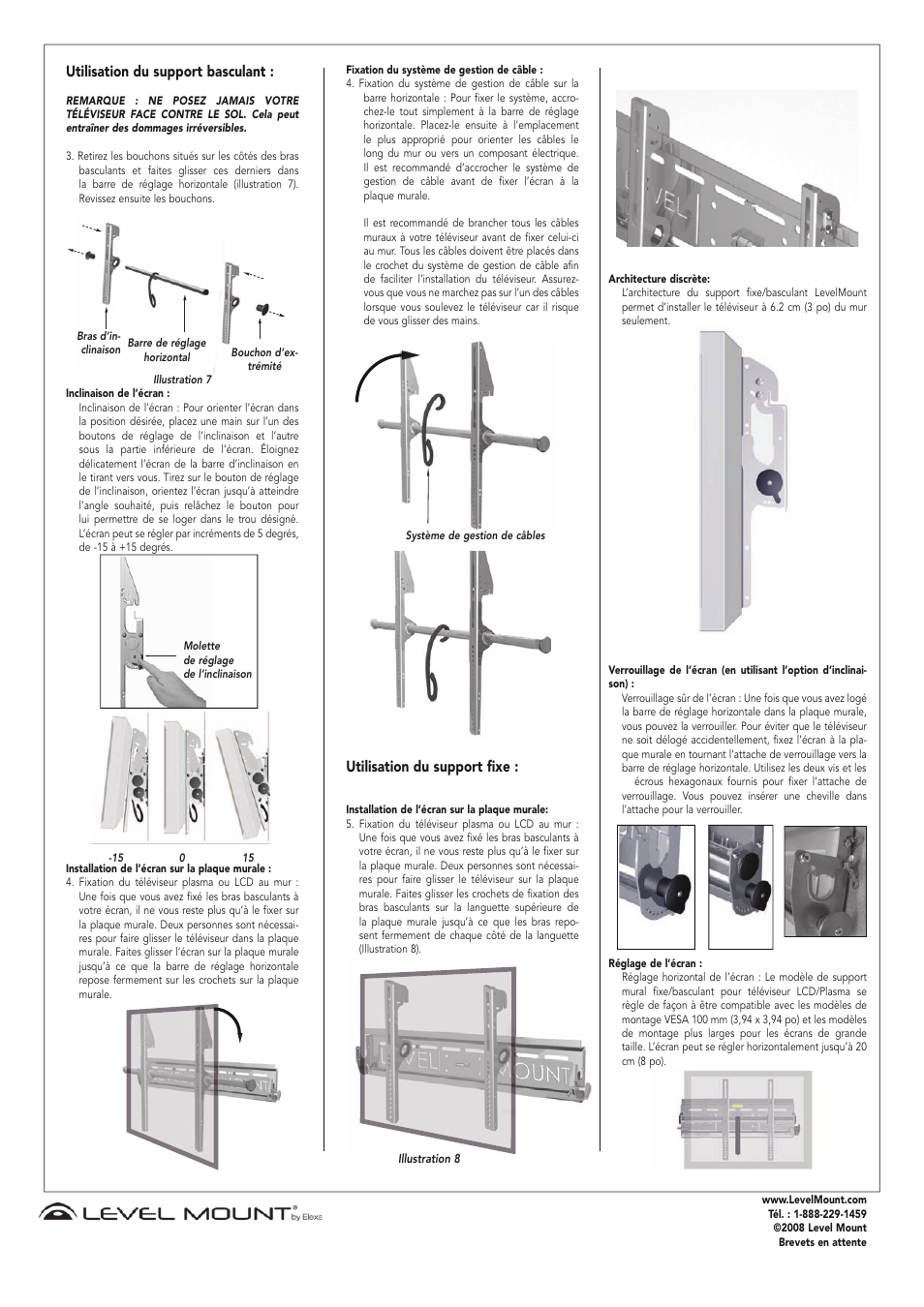 Utilisation du support basculant, Utilisation du support fixe | Level Mount LM50HDCC User Manual | Page 11 / 12