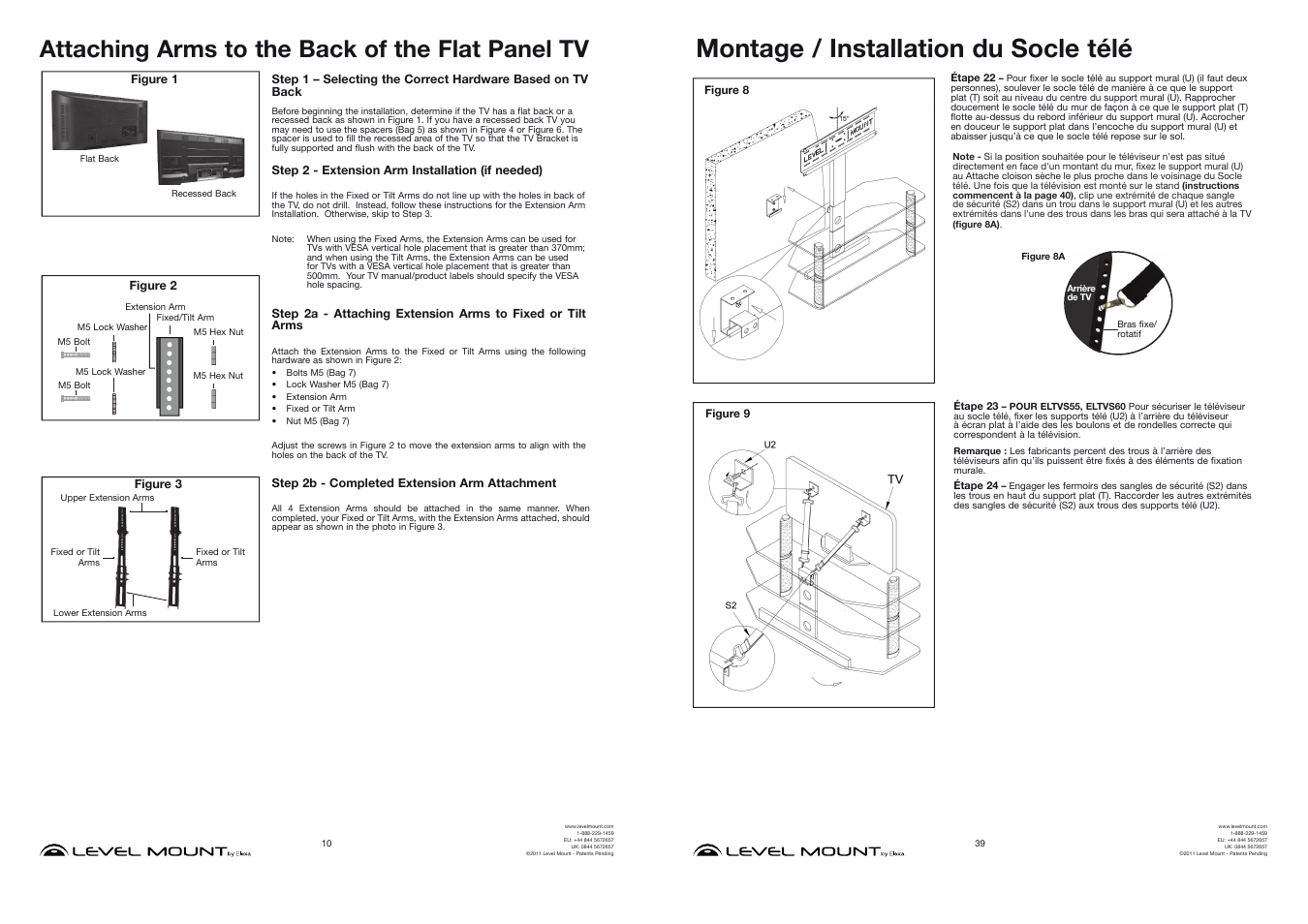 Montage / installation du socle télé, Attaching arms to the back of the flat panel tv | Level Mount ELTVS60 User Manual | Page 10 / 24