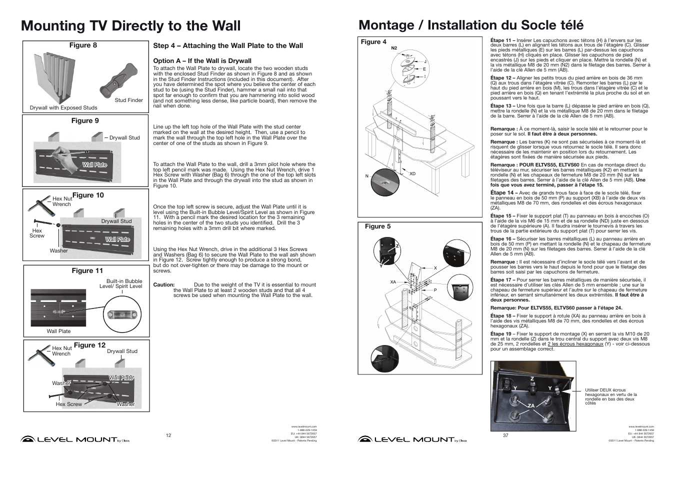 Mounting tv directly to the wall, Montage / installation du socle télé | Level Mount ELTVS60 User Manual | Page 12 / 24