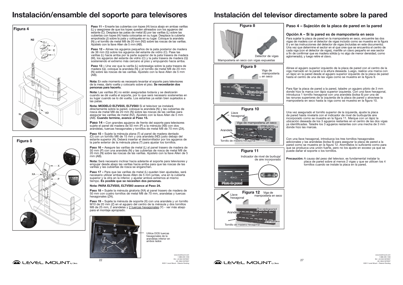 Instalación/ensamble del soporte para televisores | Level Mount ELTVS60 User Manual | Page 22 / 24