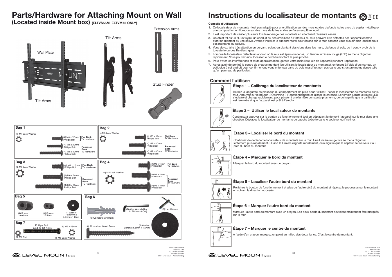 Parts/hardware for attaching mount on wall, Instructions du localisateur de montants, Located inside mount box) | Comment l’utiliser | Level Mount ELTVS60 User Manual | Page 4 / 24