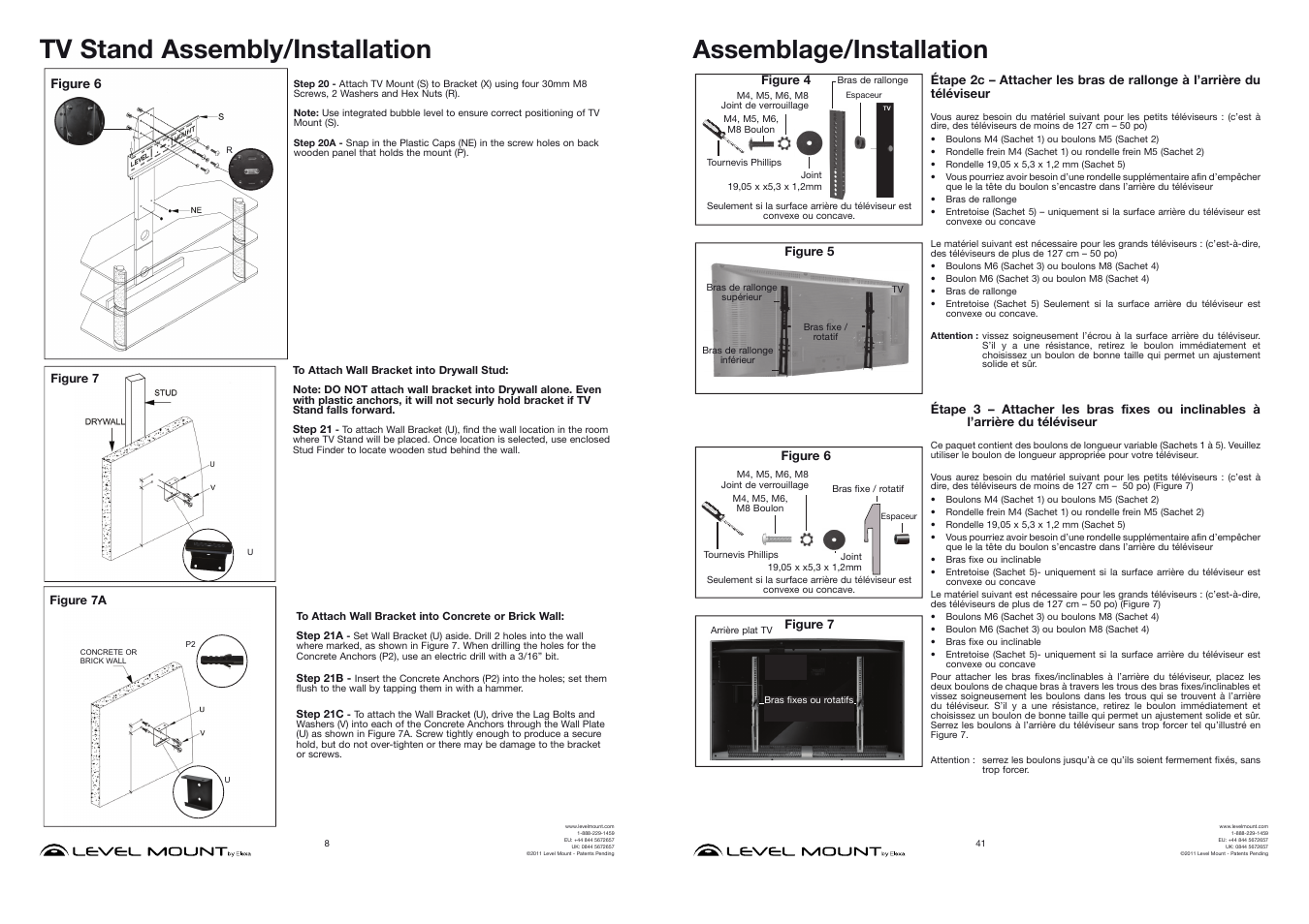 Tv stand assembly/installation, Assemblage/installation | Level Mount ELTVS60 User Manual | Page 8 / 24