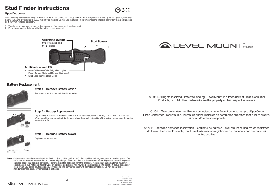 Stud finder instructions | Level Mount Studfinder User Manual | Page 2 / 4