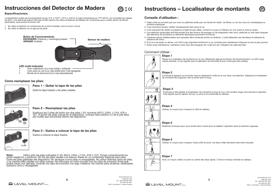 Instrucciones del detector de madera, Instructions – localisateur de montants | Level Mount Studfinder User Manual | Page 3 / 4