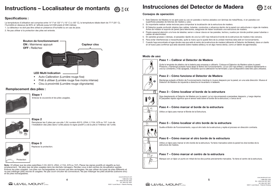 Instructions – localisateur de montants, Instrucciones del detector de madera | Level Mount Studfinder User Manual | Page 4 / 4