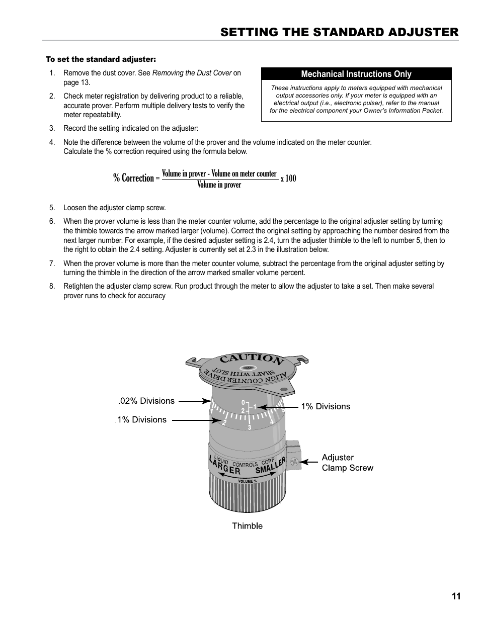 Setting the standard adjuster, Correction | Liquid Controls M-MA Meters User Manual | Page 11 / 28