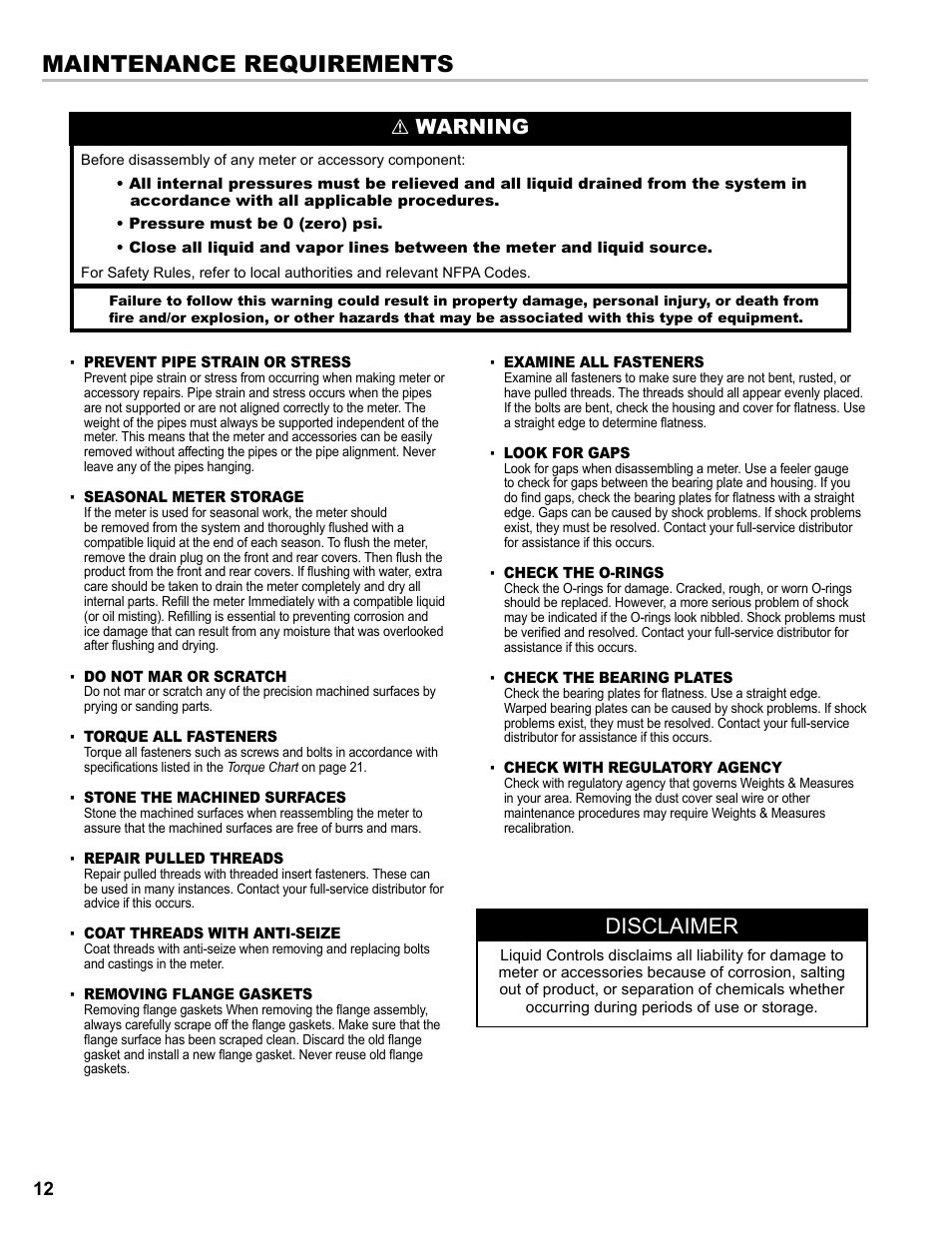Maintenance requirements, Disclaimer, Warning | Liquid Controls M-MA Meters User Manual | Page 12 / 28