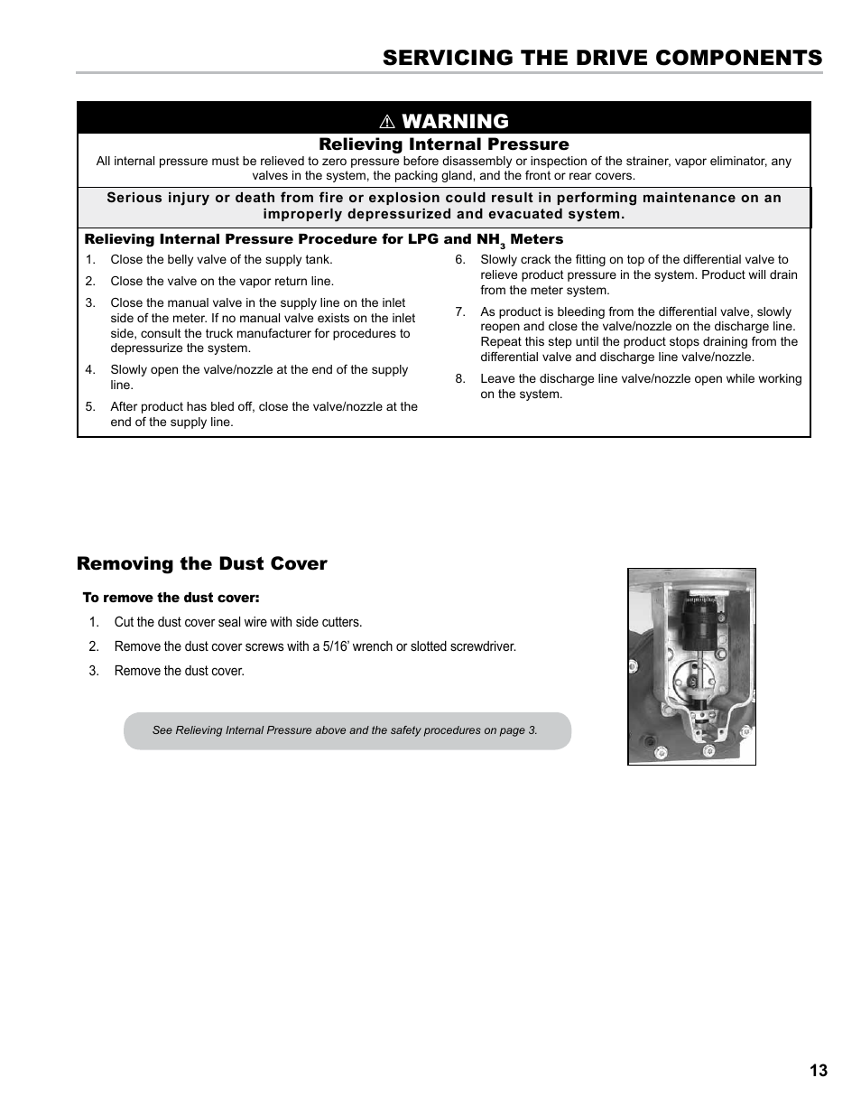 Servicing the drive components, Warning, Removing the dust cover | Liquid Controls M-MA Meters User Manual | Page 13 / 28