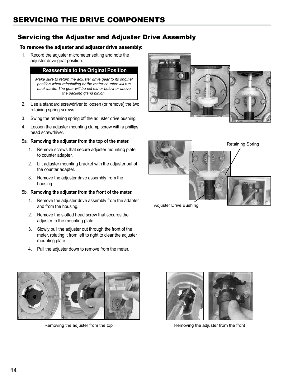 Servicing the drive components, Servicing the adjuster and adjuster drive assembly | Liquid Controls M-MA Meters User Manual | Page 14 / 28
