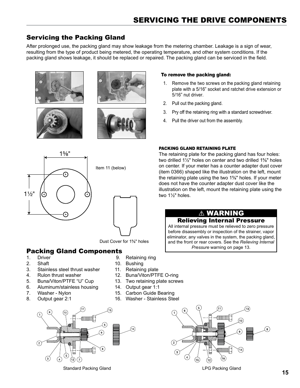 Servicing the drive components, Warning, Servicing the packing gland | Packing gland components | Liquid Controls M-MA Meters User Manual | Page 15 / 28