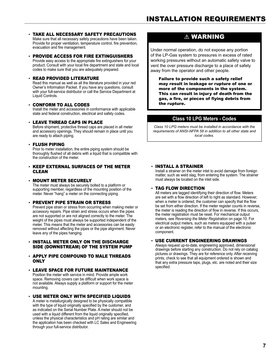 Installation requirements, Warning | Liquid Controls M-MA Meters User Manual | Page 7 / 28