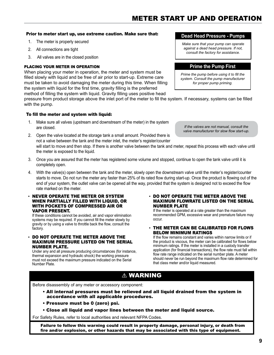 Meter start up and operation, Warning | Liquid Controls M-MA Meters User Manual | Page 9 / 28
