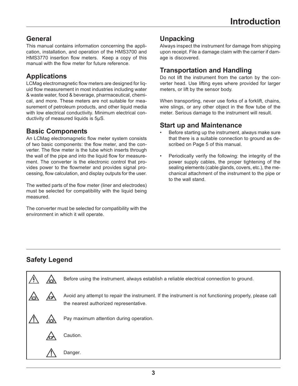Introduction, General, Applications | Basic components, Unpacking, Transportation and handling, Start up and maintenance, Safety legend | Liquid Controls HMS3700 & HMS3770 Insertion Sensors LC Mag Insertion User Manual | Page 3 / 8