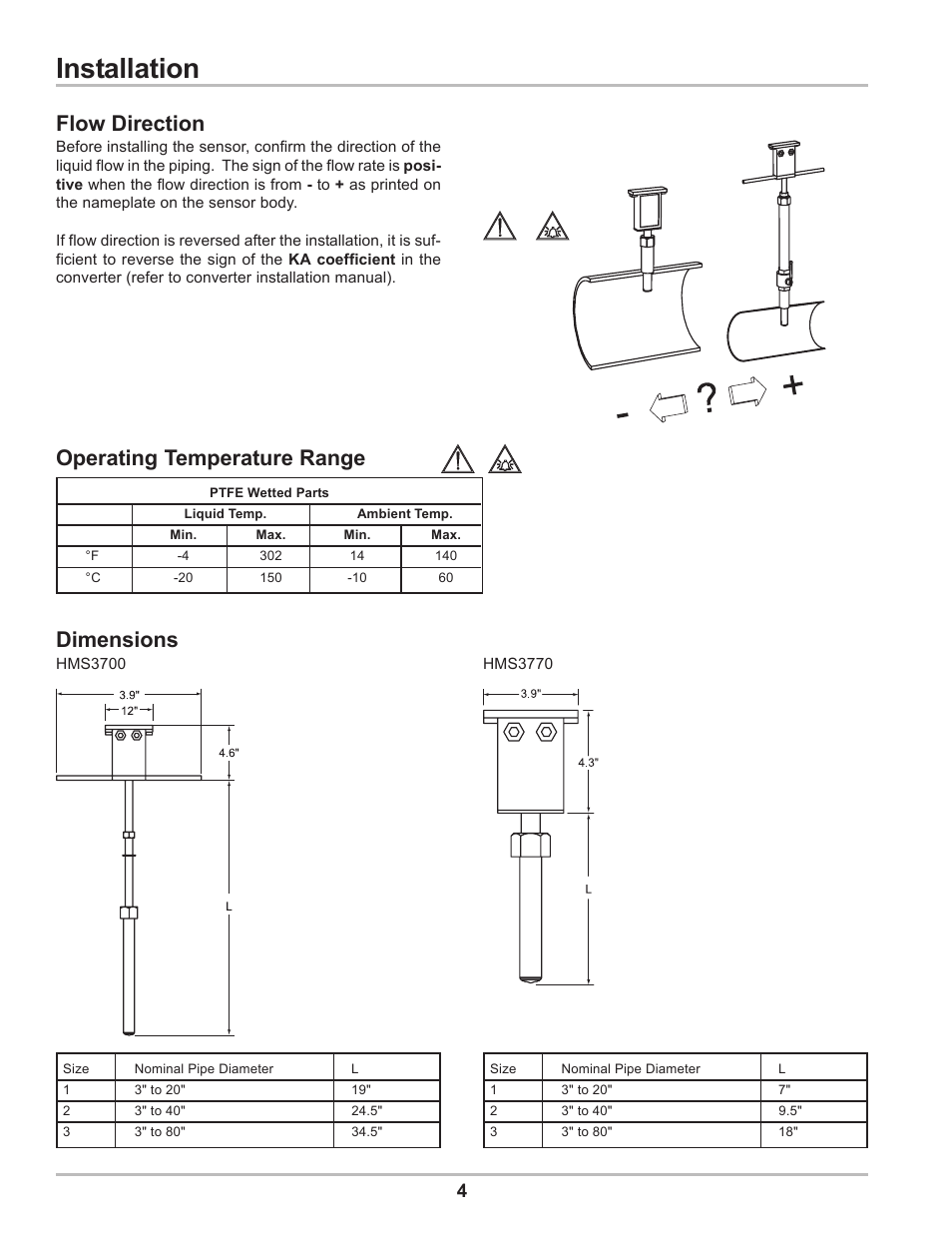 Installation, Flow direction, Operating temperature range | Dimensions | Liquid Controls HMS3700 & HMS3770 Insertion Sensors LC Mag Insertion User Manual | Page 4 / 8