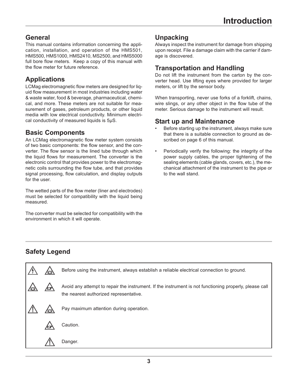 Introduction, Safety legend, General | Applications, Basic components, Unpacking, Transportation and handling, Start up and maintenance | Liquid Controls HMS501, HMS600, HMS1000, HMS2400, HMS2500, and HMS5000 LC Mag IOM User Manual | Page 3 / 8
