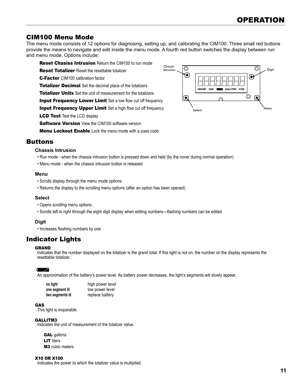 Chassis intrusion digit menu select, Operation, Cim100 menu mode | Buttons, Indicator lights | Liquid Controls CIM100 User Manual | Page 11 / 16