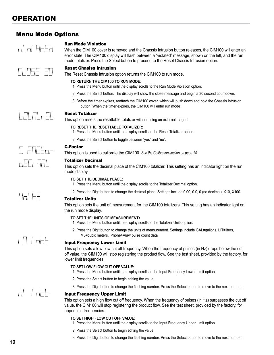 Operation, Menu mode options | Liquid Controls CIM100 User Manual | Page 12 / 16