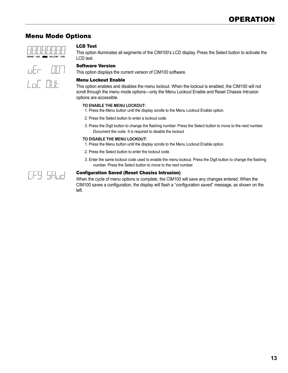 Operation, Menu mode options | Liquid Controls CIM100 User Manual | Page 13 / 16