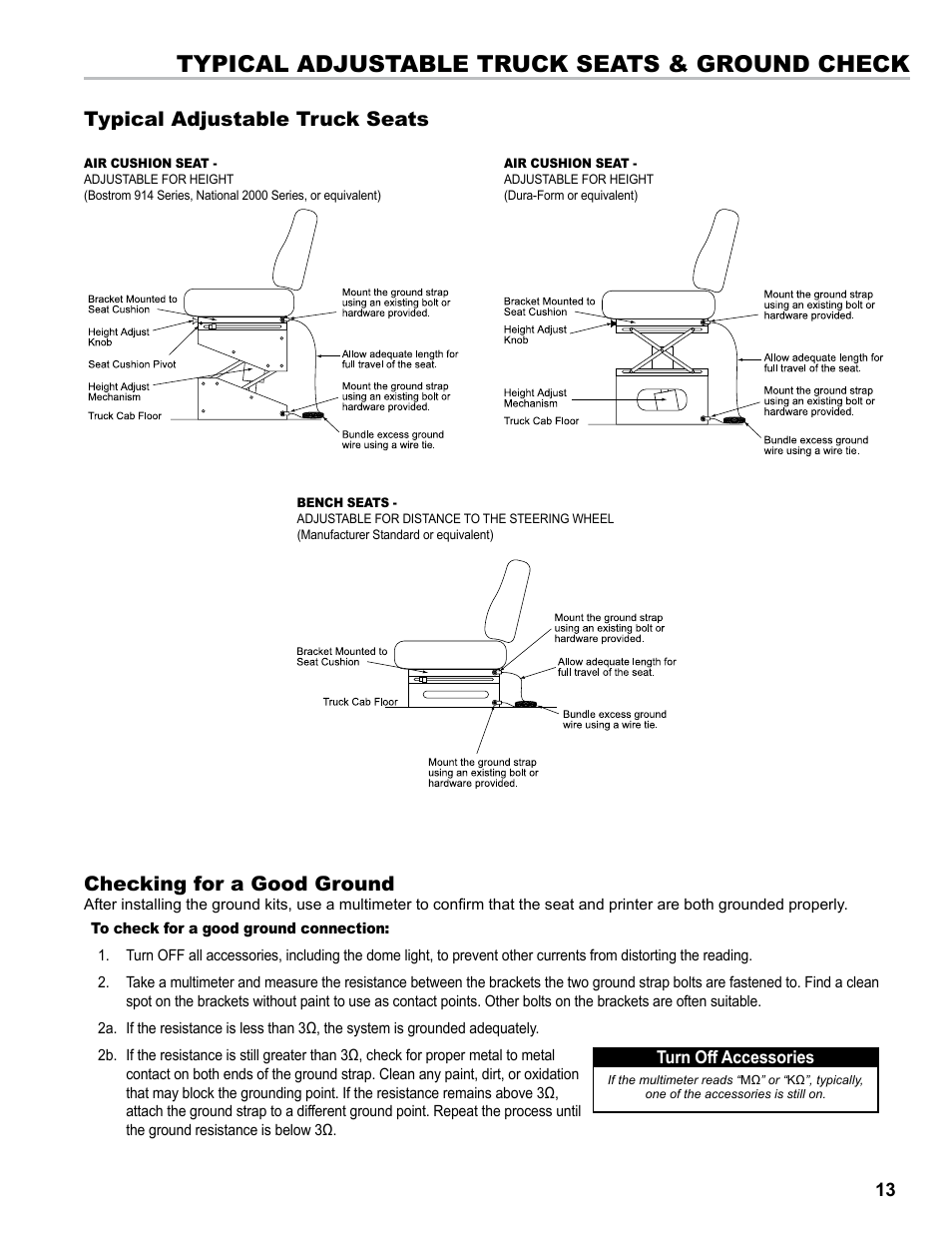 Typical adjustable truck seats & ground check, Checking for a good ground, Typical adjustable truck seats | Liquid Controls LCRII Install E3650-E3651 Series User Manual | Page 13 / 40