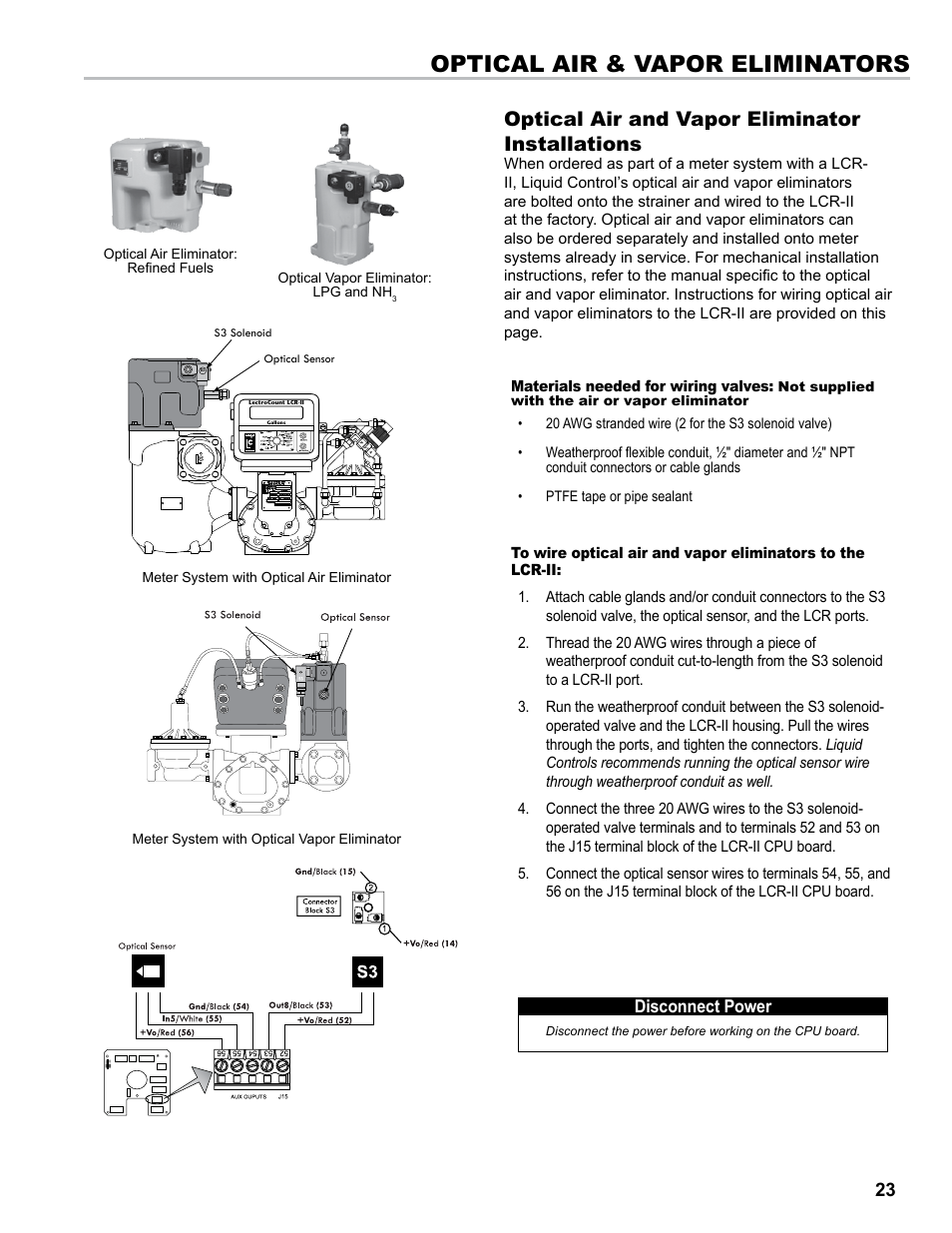 Optical air & vapor eliminators, Optical air and vapor eliminator installations | Liquid Controls LCRII Install E3650-E3651 Series User Manual | Page 23 / 40