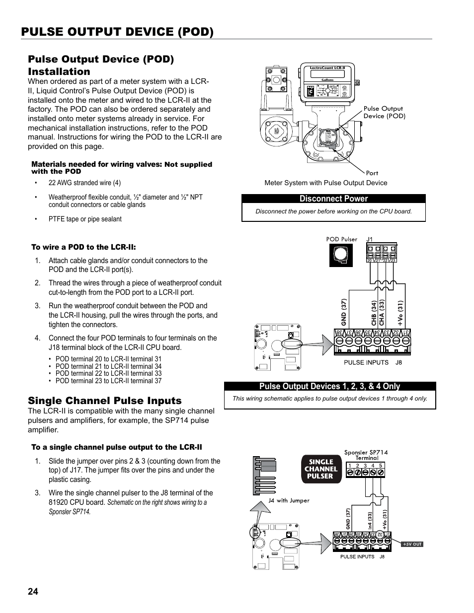 Pulse output device (pod), Pulse output device (pod) installation, Single channel pulse inputs | Liquid Controls LCRII Install E3650-E3651 Series User Manual | Page 24 / 40
