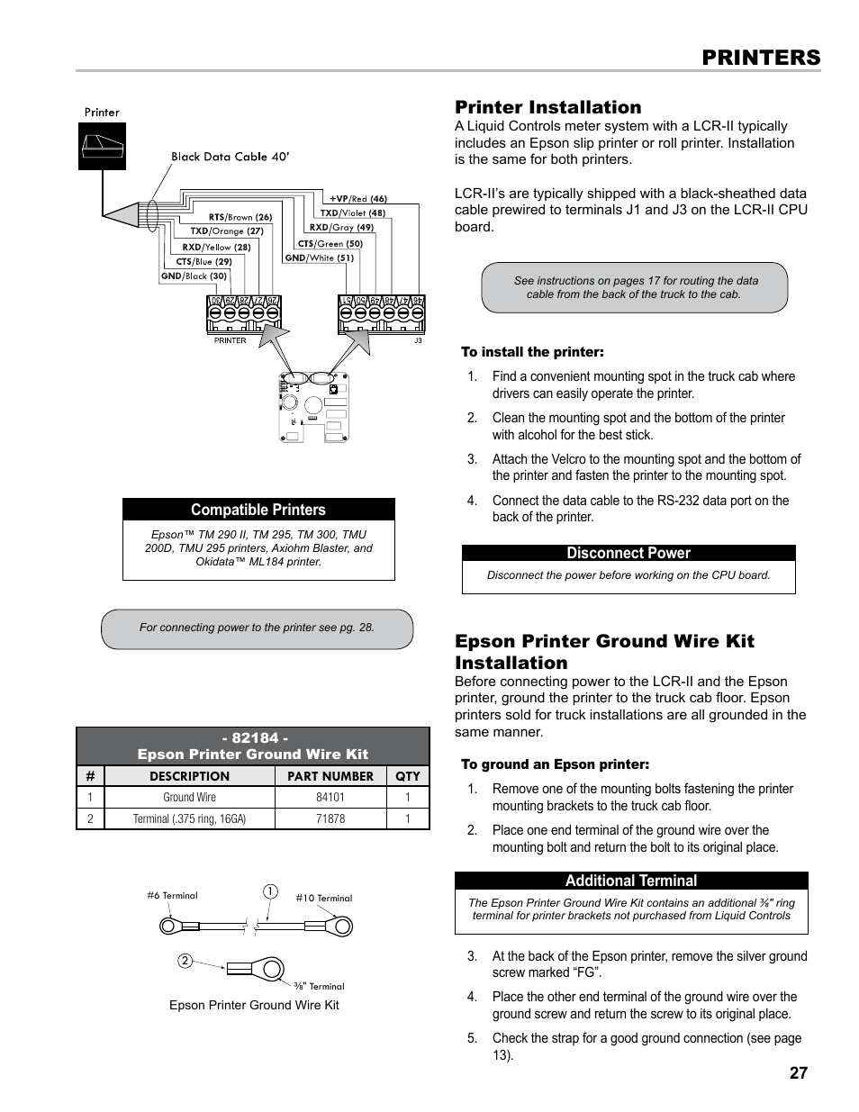 Printers, Printer installation, Epson printer ground wire kit installation | Liquid Controls LCRII Install E3650-E3651 Series User Manual | Page 27 / 40