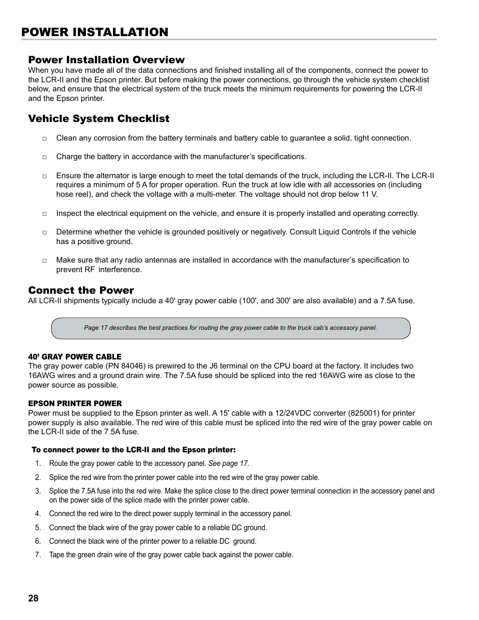 Power installation, Power installation overview, Vehicle system checklist | Connect the power | Liquid Controls LCRII Install E3650-E3651 Series User Manual | Page 28 / 40