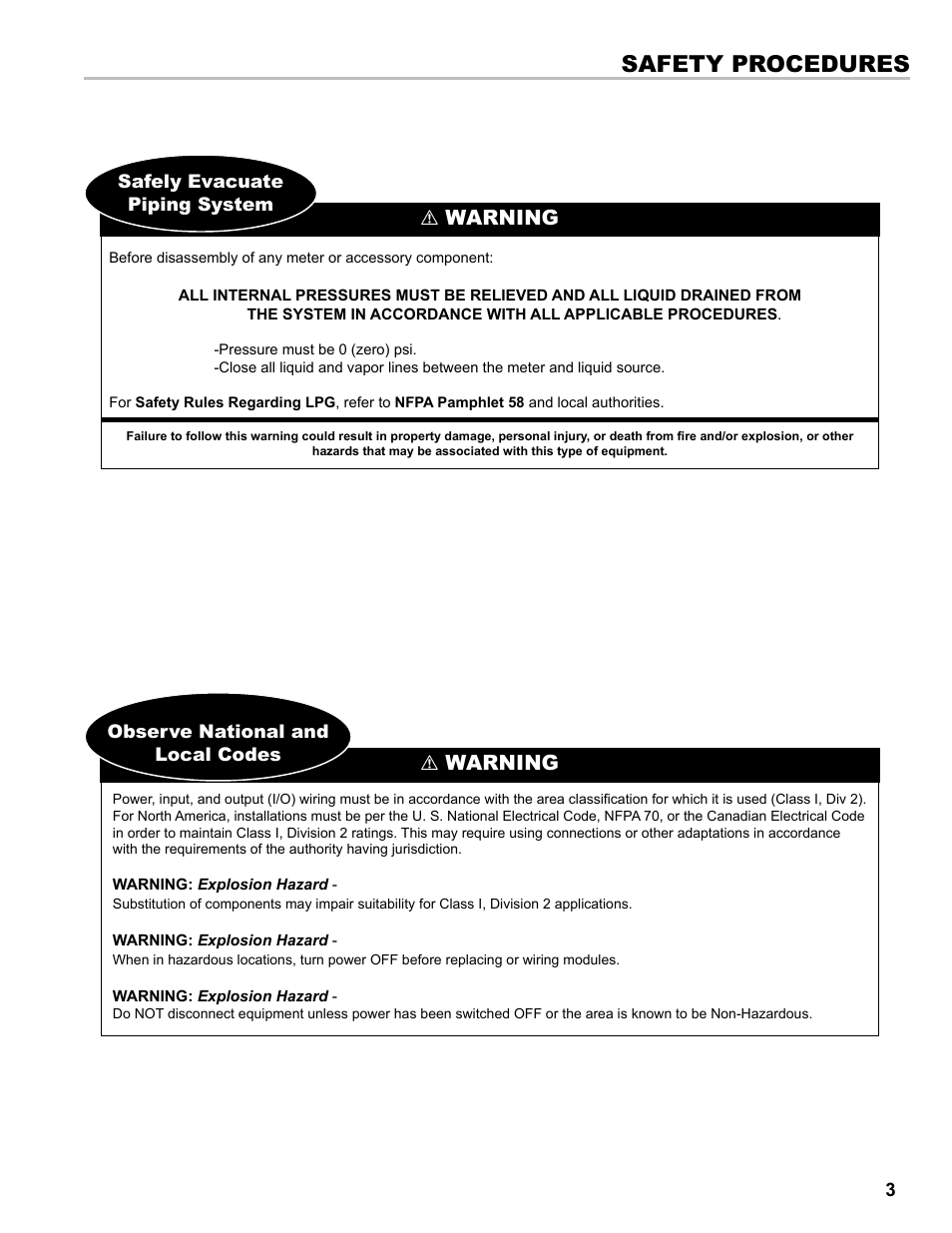 Safety procedures, Warning | Liquid Controls LCRII Install E3650-E3651 Series User Manual | Page 3 / 40