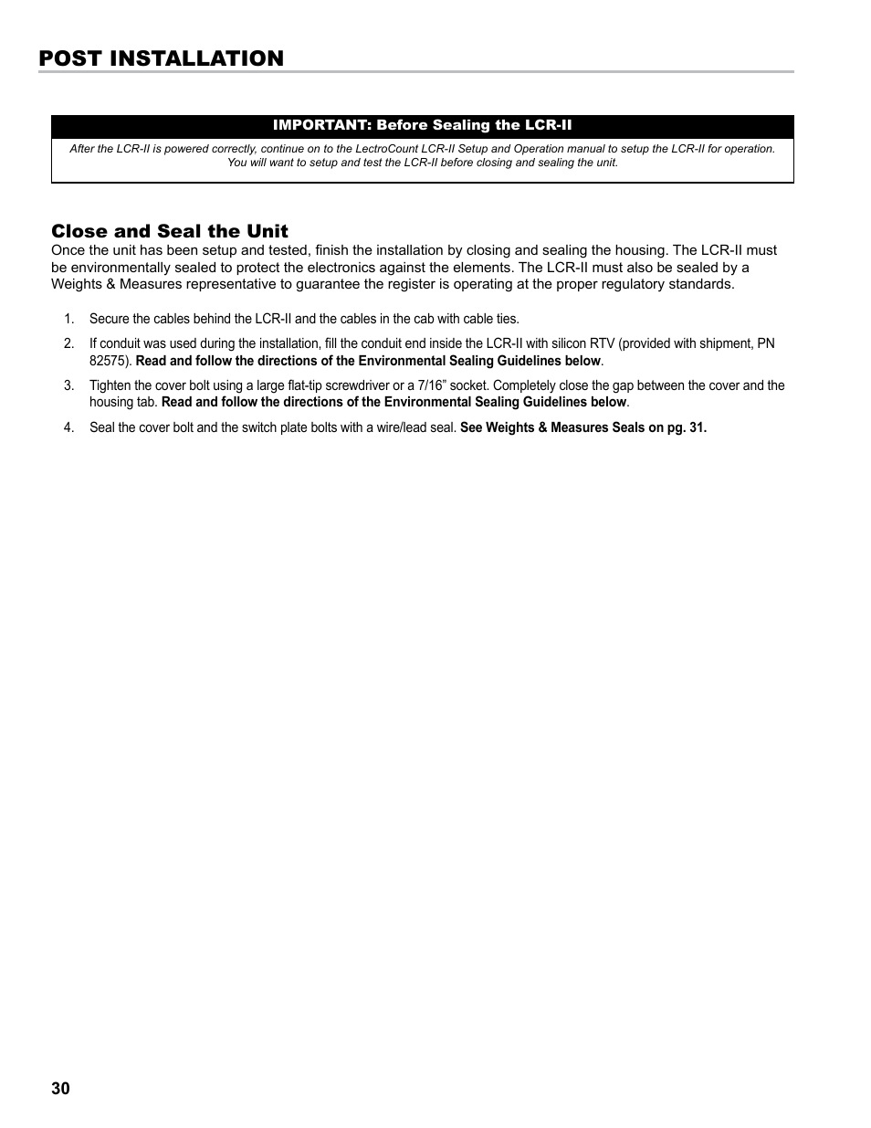 Post installation, Close and seal the unit | Liquid Controls LCRII Install E3650-E3651 Series User Manual | Page 30 / 40