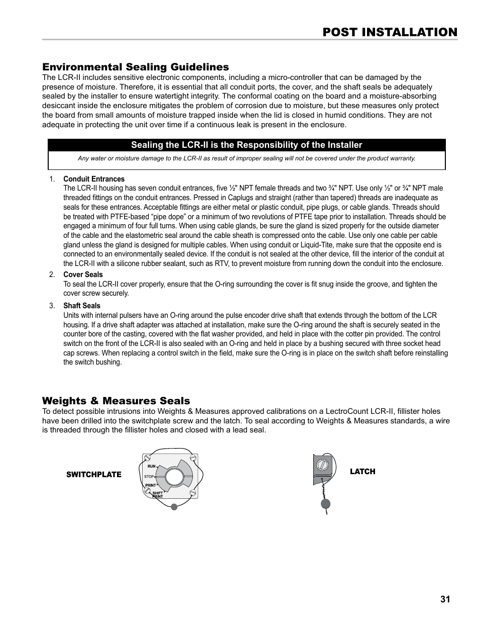 Post installation, Environmental sealing guidelines, Weights & measures seals | Liquid Controls LCRII Install E3650-E3651 Series User Manual | Page 31 / 40