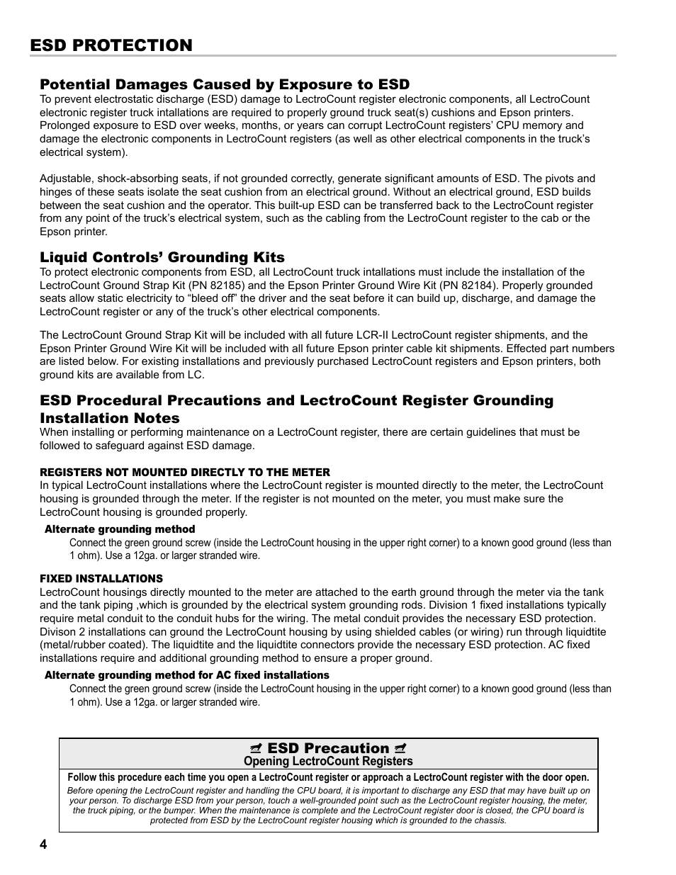 Esd protection, Potential damages caused by exposure to esd, Liquid controls’ grounding kits | Esd precaution | Liquid Controls LCRII Install E3650-E3651 Series User Manual | Page 4 / 40