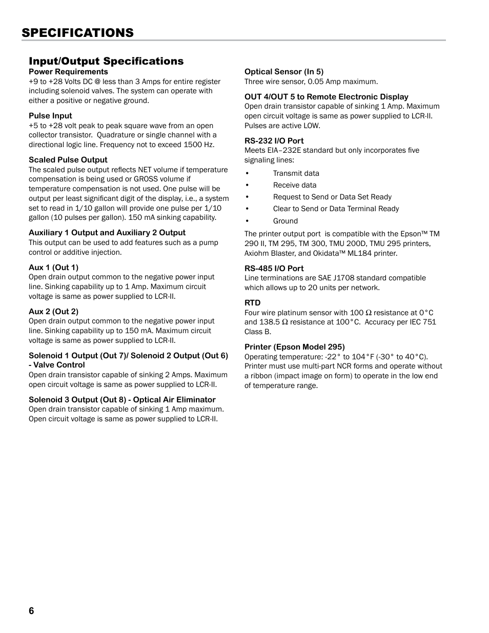 Specifications, Input/output specifications | Liquid Controls LCRII Install E3650-E3651 Series User Manual | Page 6 / 40
