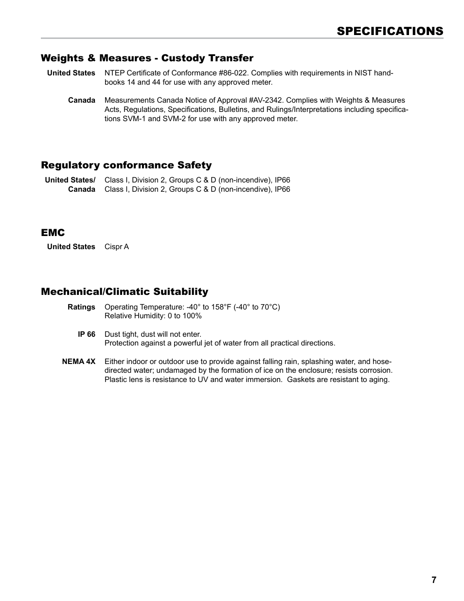 Specifications, Mechanical/climatic suitability, Regulatory conformance safety | Weights & measures - custody transfer | Liquid Controls LCRII Install E3650-E3651 Series User Manual | Page 7 / 40