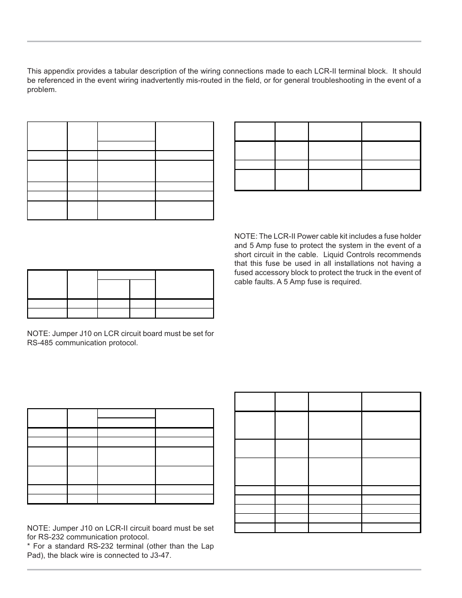 Wire connectiontables, Power connection (j6) | Liquid Controls LCR Install User Manual | Page 20 / 24