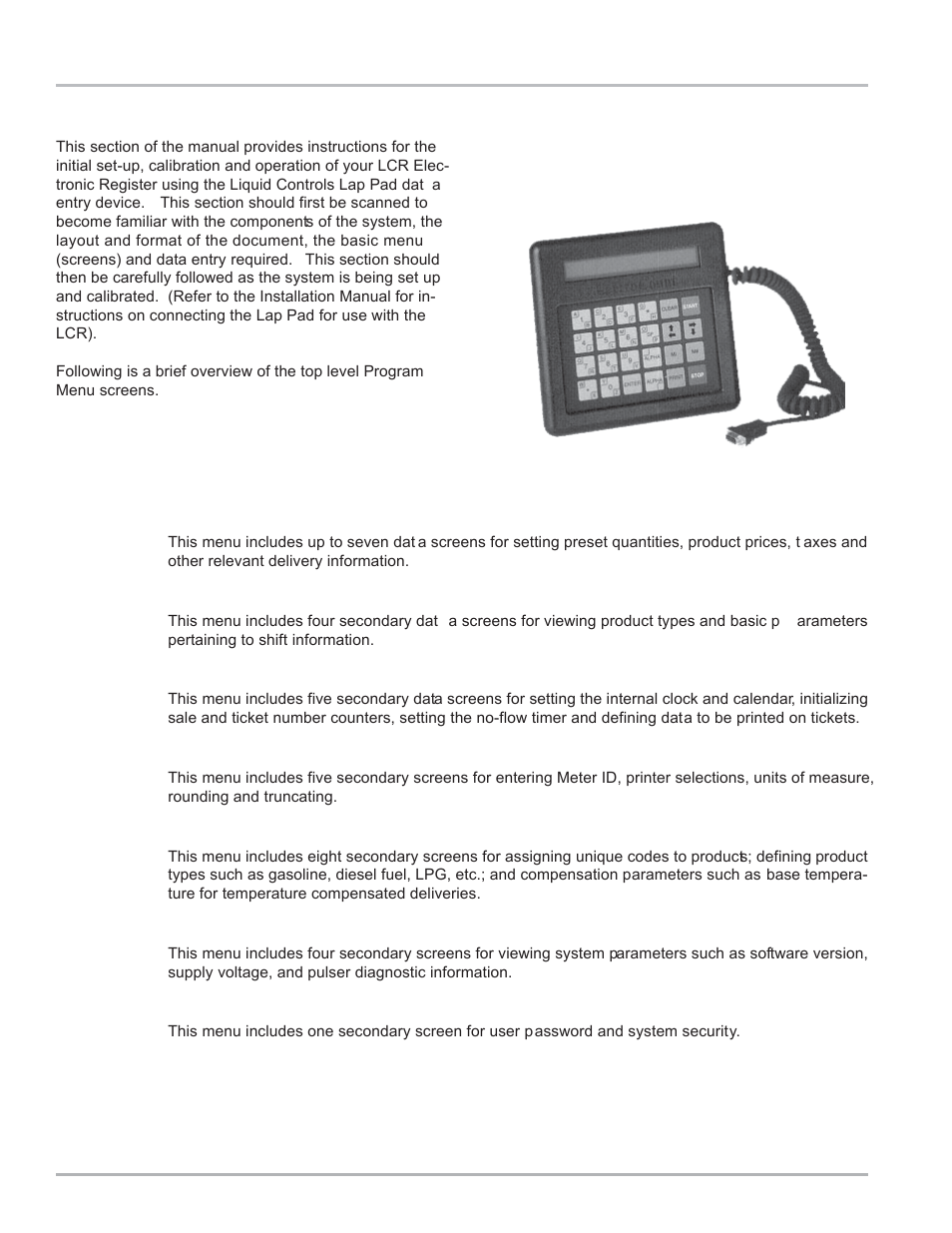 Lap pad operation, Lap pad overview | Liquid Controls LCR Setup & Operation User Manual | Page 6 / 60