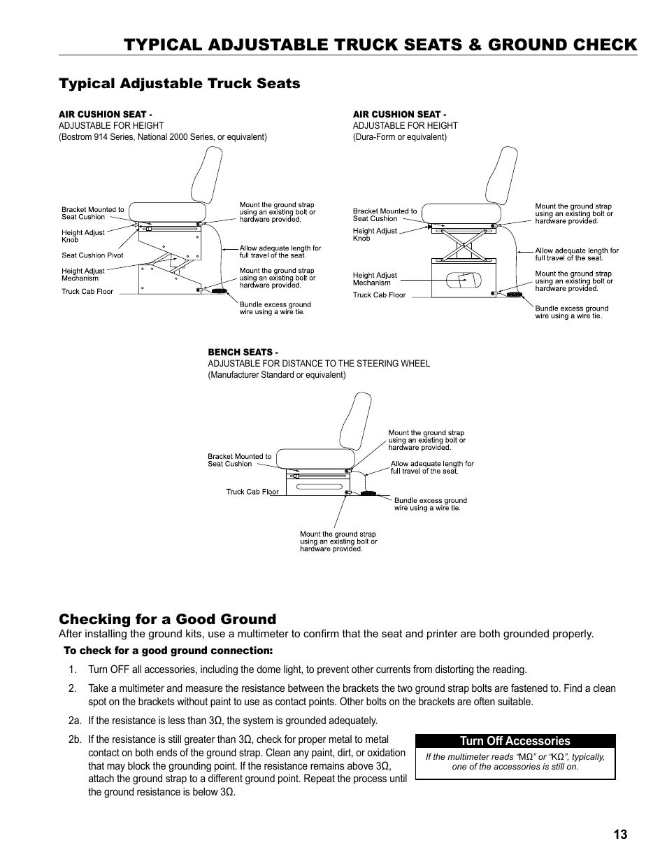 Typical adjustable truck seats & ground check, Checking for a good ground, Typical adjustable truck seats | Liquid Controls LCR 600 Install User Manual | Page 13 / 36
