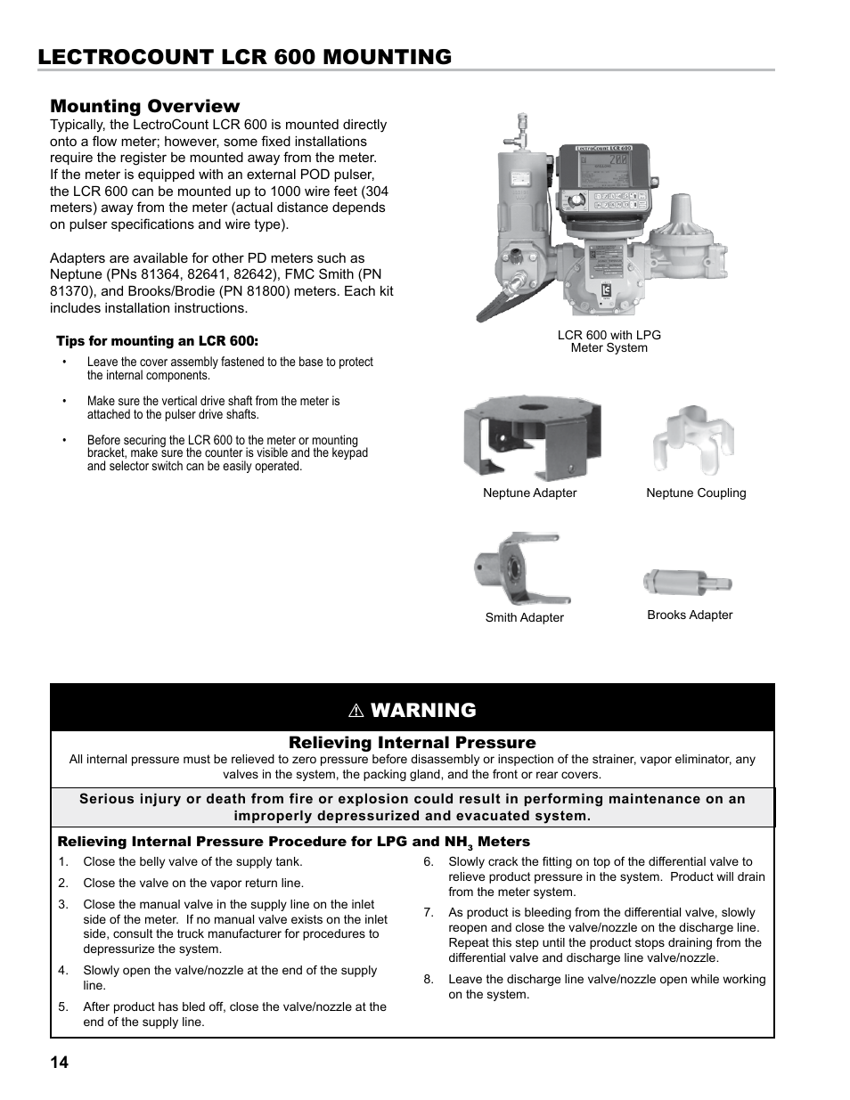 Lectrocount lcr 600 mounting, Warning, Mounting overview | Liquid Controls LCR 600 Install User Manual | Page 14 / 36