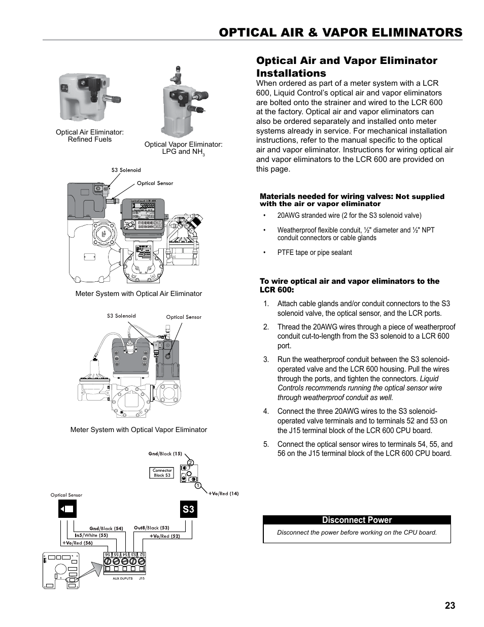 Optical air & vapor eliminators, Optical air and vapor eliminator installations | Liquid Controls LCR 600 Install User Manual | Page 23 / 36
