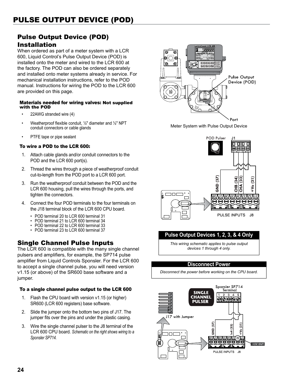 Pulse output device (pod), Pulse output device (pod) installation, Single channel pulse inputs | Liquid Controls LCR 600 Install User Manual | Page 24 / 36