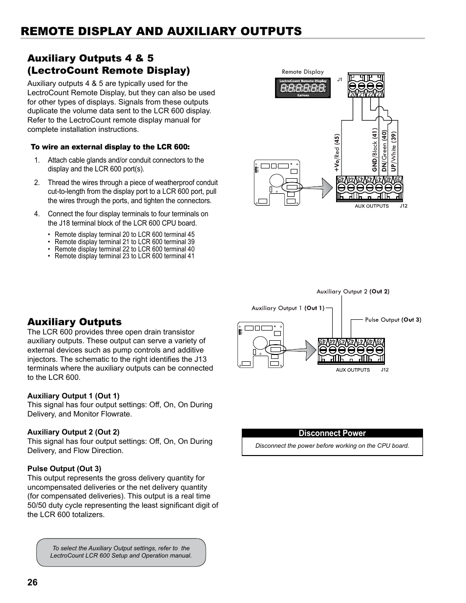 Remote display and auxiliary outputs, Auxiliary outputs | Liquid Controls LCR 600 Install User Manual | Page 26 / 36