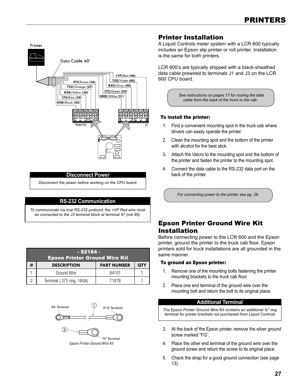 Printers, Printer installation, Epson printer ground wire kit installation | Liquid Controls LCR 600 Install User Manual | Page 27 / 36