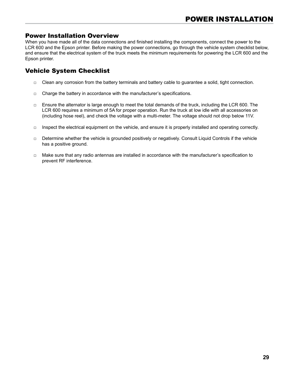 Power installation, Power installation overview, Vehicle system checklist | Liquid Controls LCR 600 Install User Manual | Page 29 / 36