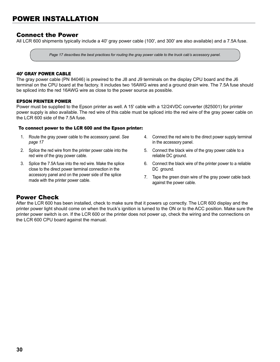 Power installation, Connect the power, Power check | Liquid Controls LCR 600 Install User Manual | Page 30 / 36