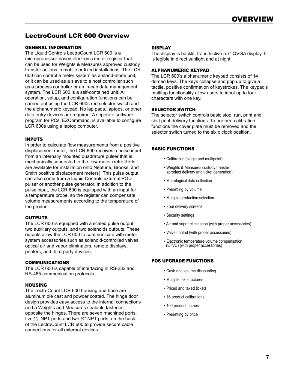 Overview, Lectrocount lcr 600 overview | Liquid Controls LCR 600 Install User Manual | Page 7 / 36