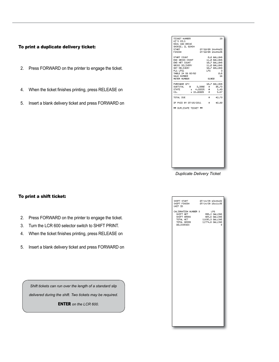 Operation - tickets, Duplicate delivery tickets, Shift tickets | Liquid Controls LCR 600 Setup & Op User Manual | Page 48 / 68
