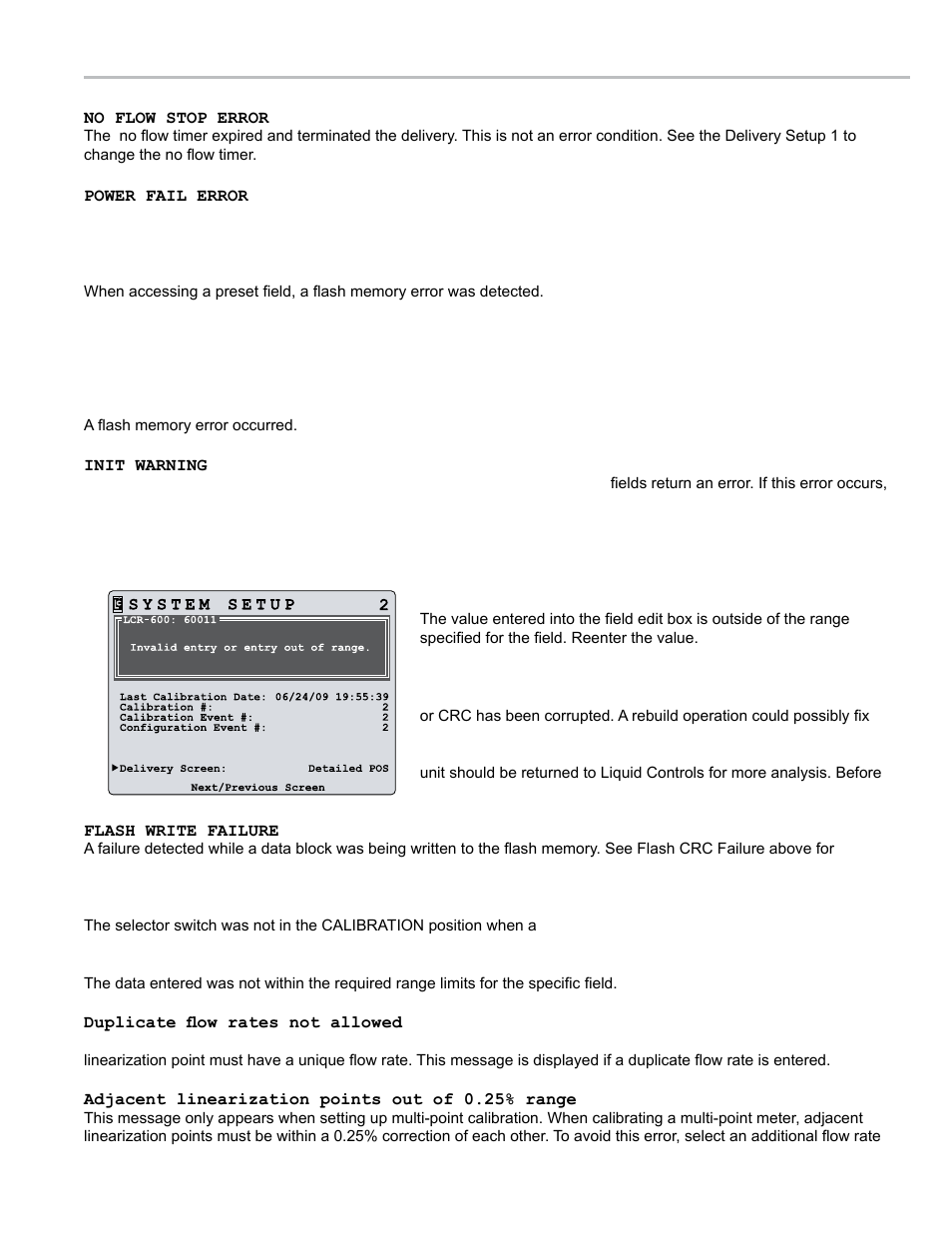 Diagnostics - error messages | Liquid Controls LCR 600 Setup & Op User Manual | Page 55 / 68